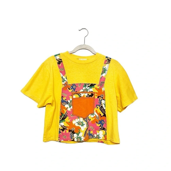 sale 90s Single Stitch Yellow Floral Overall Printed Cropped T-Shirt M - Picture 2 of 12